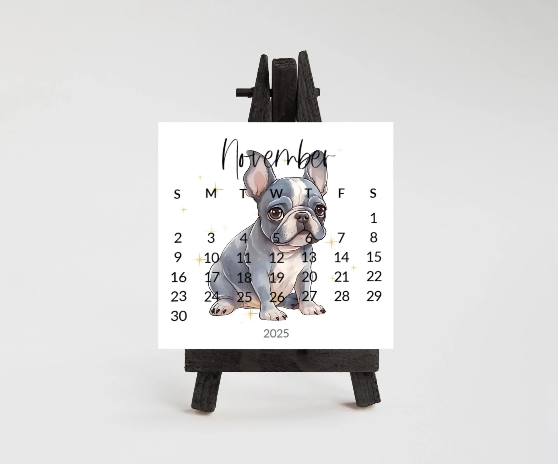 2026 French Bulldog Small Desk Space Monthly Calendar, Opt Wood Easel display Stand, Frenchie Mom Gift, Unique Dog Calendar, Monthly Card - The Pawprint Paperie