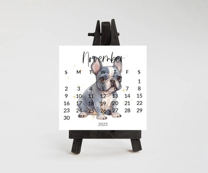 2026 French Bulldog Small Desk Space Monthly Calendar, Opt Wood Easel display Stand, Frenchie Mom Gift, Unique Dog Calendar, Monthly Card - The Pawprint Paperie