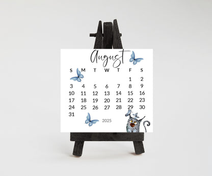 Silly cat small desk 2026 Calendar - Stand up mini calendar desktop or tabletop - small space calendar optional wood display stand/easel - The Pawprint Paperie