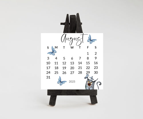 Silly cat small desk 2026 Calendar - Stand up mini calendar desktop or tabletop - small space calendar optional wood display stand/easel - The Pawprint Paperie