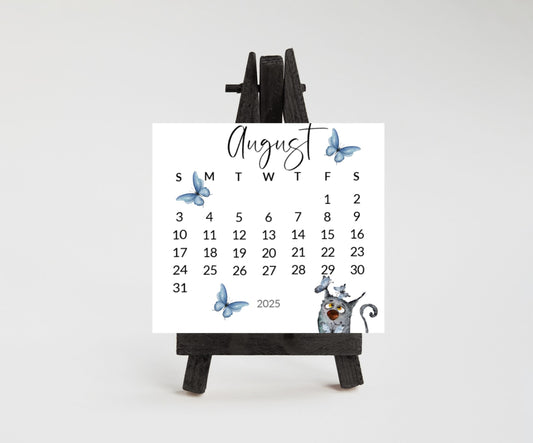 Silly cat small desk 2026 Calendar - Stand up mini calendar desktop or tabletop - small space calendar optional wood display stand/easel - The Pawprint Paperie