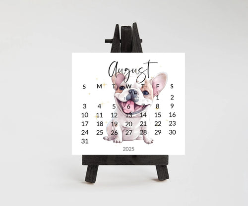 2026 French Bulldog Small Desk Space Monthly Calendar, Opt Wood Easel display Stand, Frenchie Mom Gift, Unique Dog Calendar, Monthly Card - The Pawprint Paperie