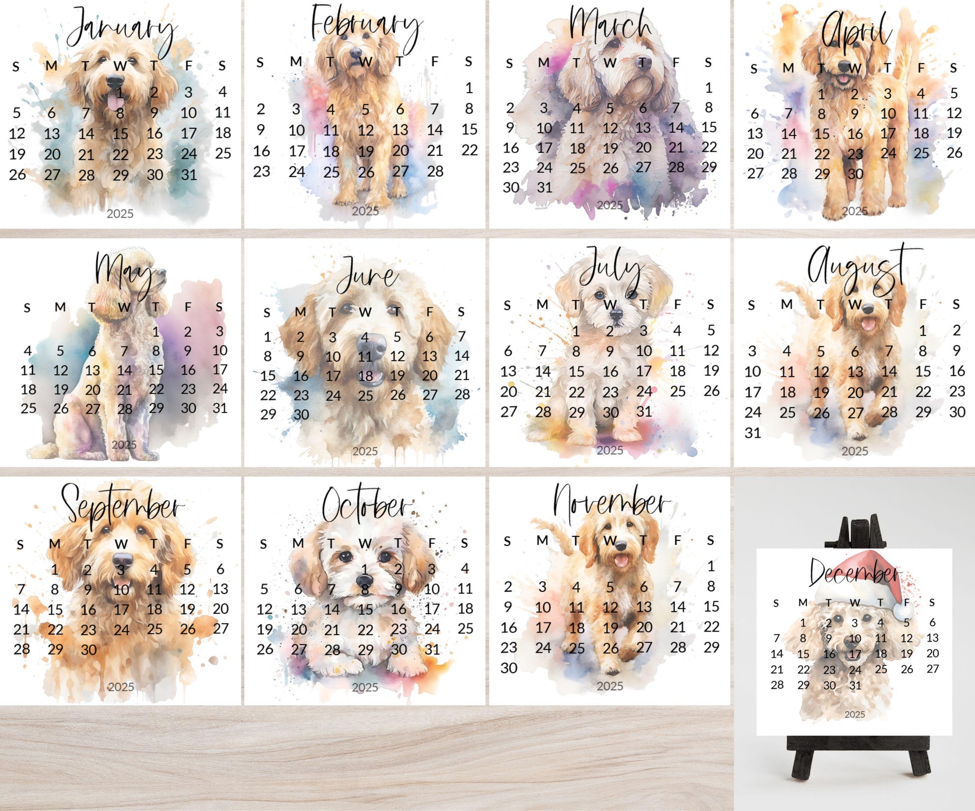 2026 Doodle Dog Mini Desk Calendar: Cockapoo, Labradoodle Optional Easel Stand - The Pawprint Paperie