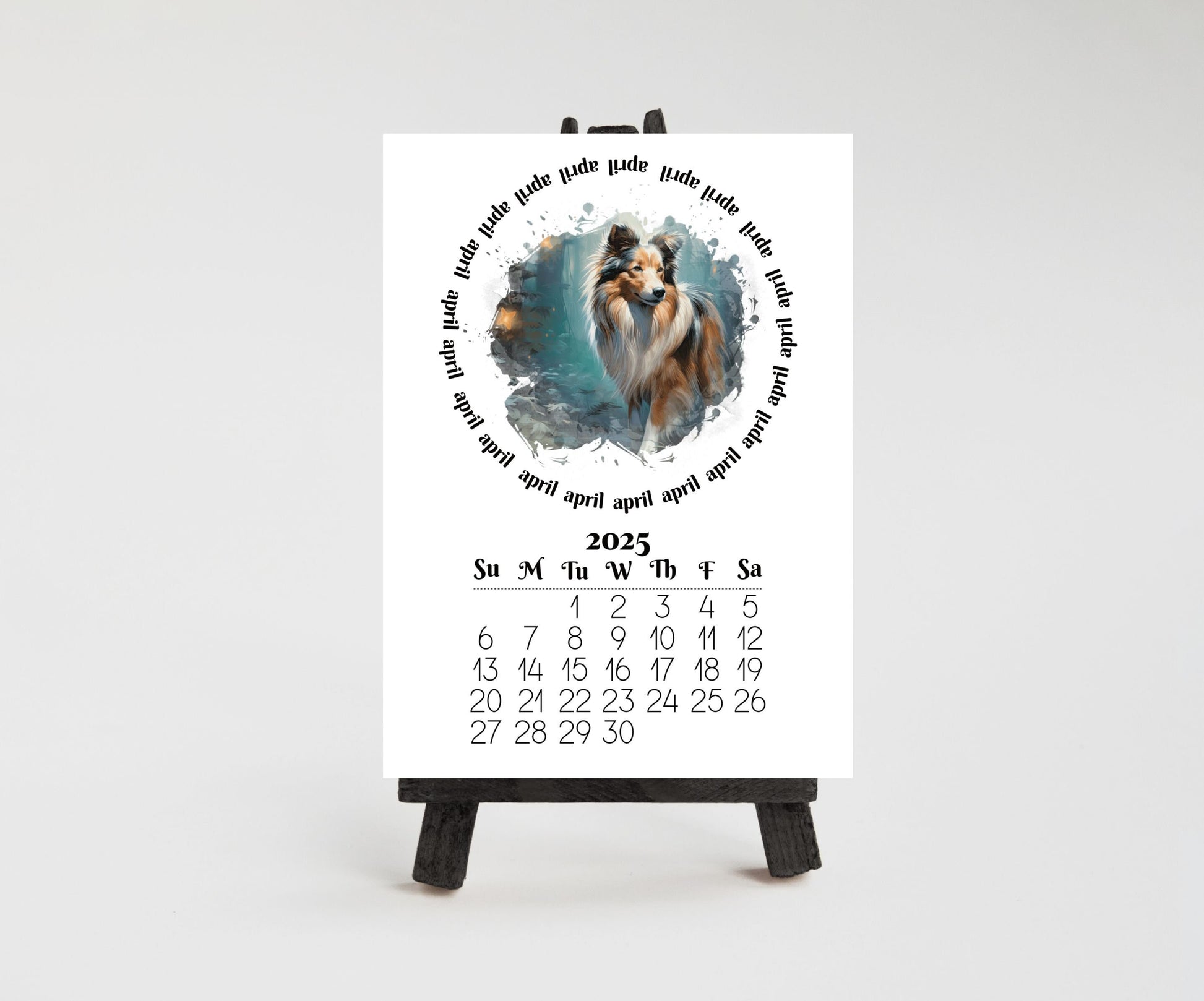 Small Desk Calendar for 2026 Sheltie - Desktop version optional wood mini easel display stand - Lamination available - Dog lovers Gift - The Pawprint Paperie