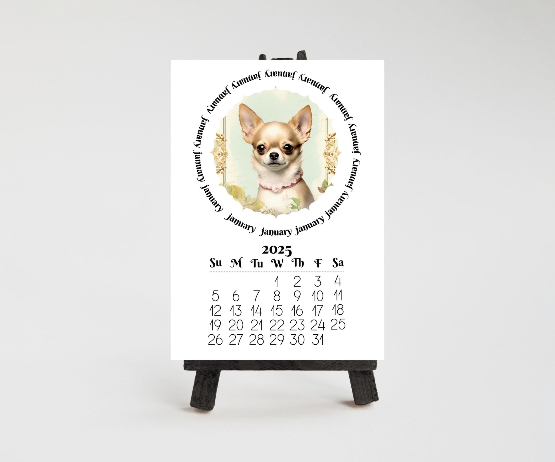 Cute Chihuahua 2026 Small Desk Calendar, Wood Stand Available, Laminated Monthly Calendar - The Pawprint Paperie