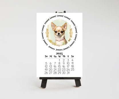 Cute Chihuahua 2026 Small Desk Calendar, Wood Stand Available, Laminated Monthly Calendar - The Pawprint Paperie