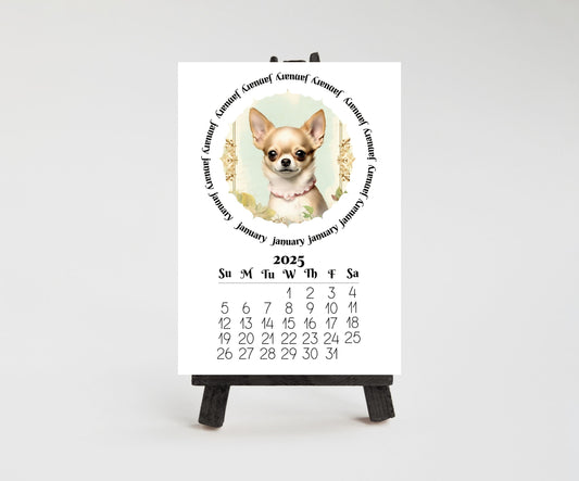 Cute Chihuahua 2026 Small Desk Calendar, Wood Stand Available, Laminated Monthly Calendar - The Pawprint Paperie