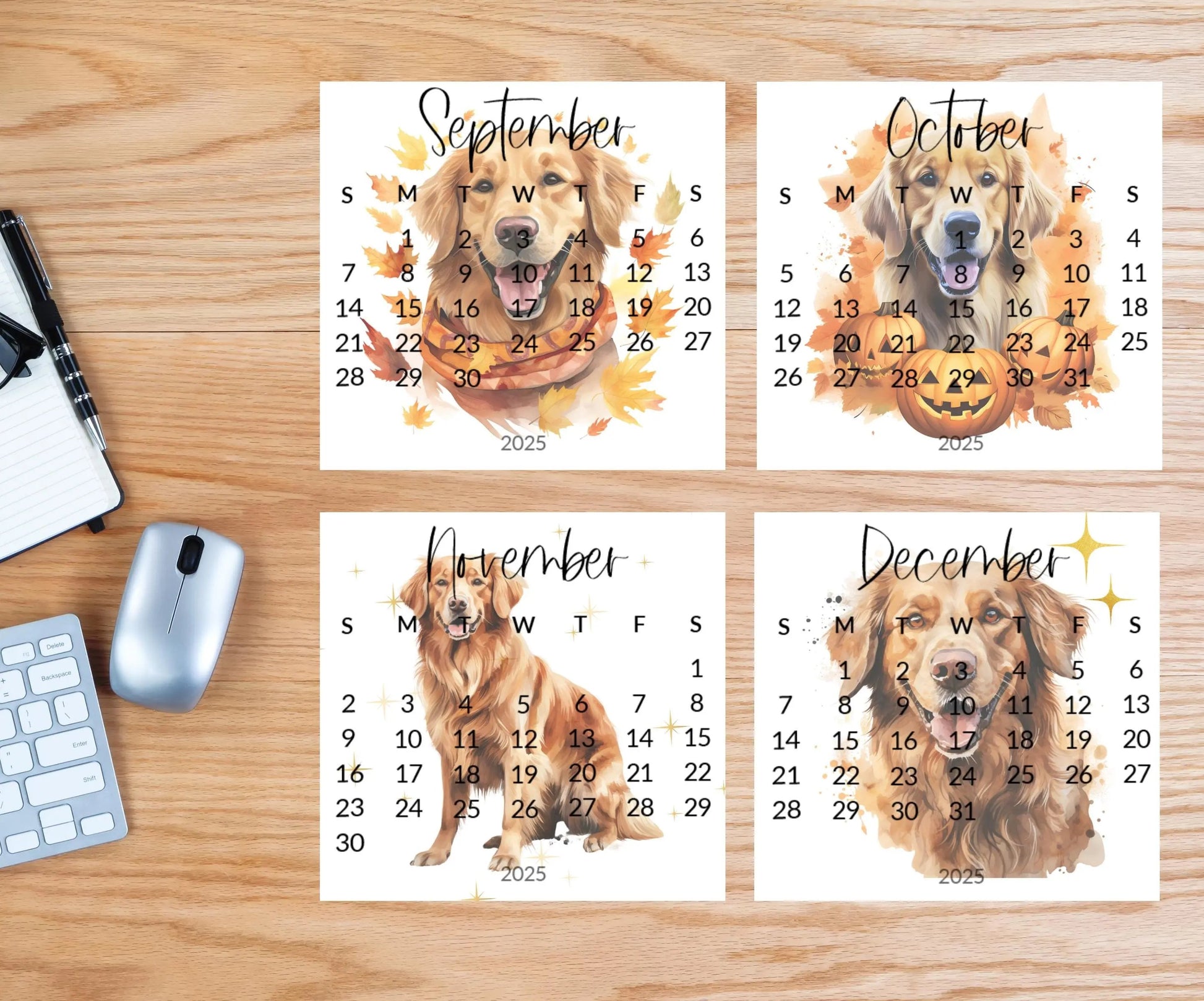 2026 Golden Retriever calendar for small desk - stand up mini calendar wood stand optional-desktop-Dog lover, coworker - The Pawprint Paperie