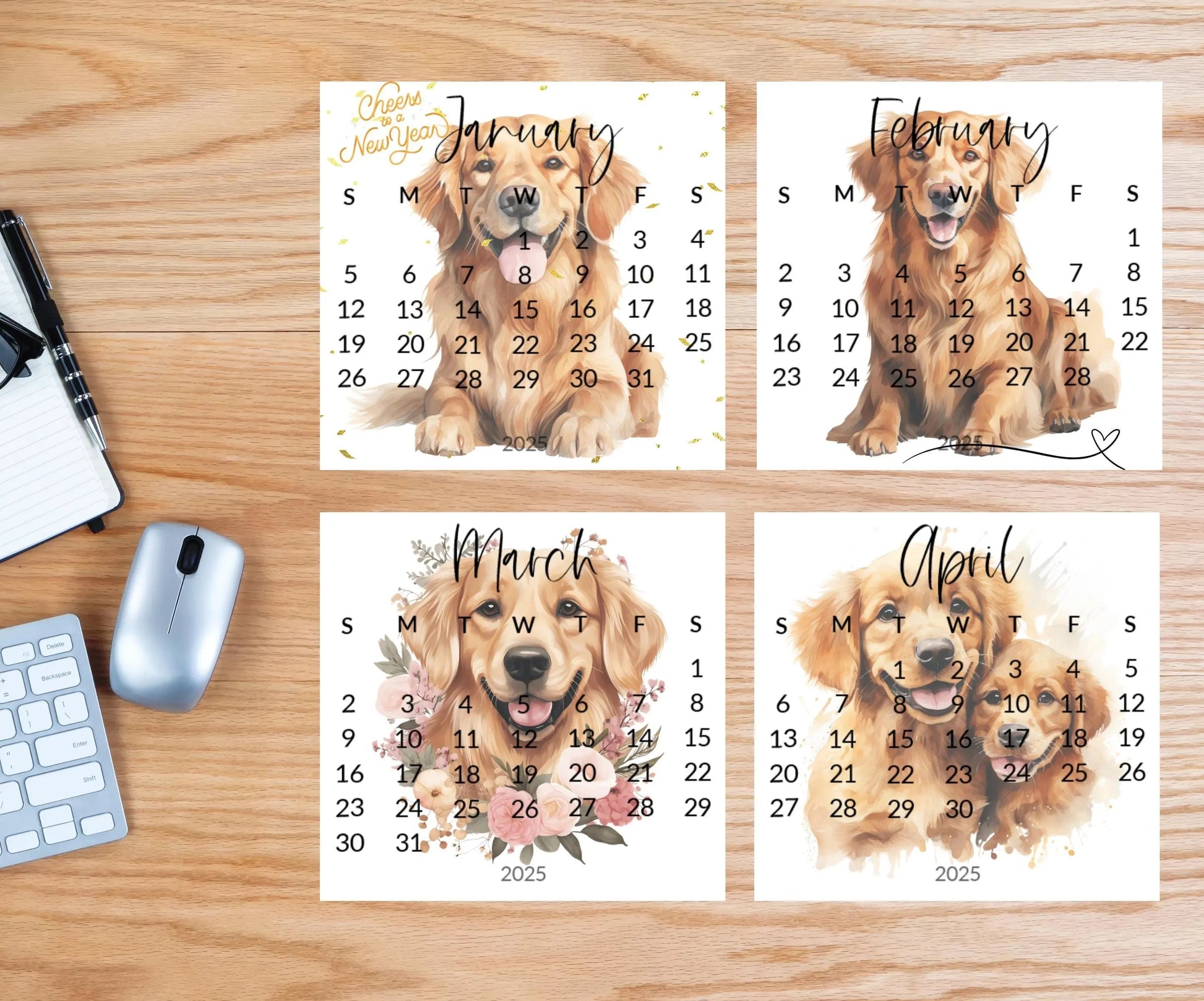 2026 Golden Retriever calendar for small desk - stand up mini calendar wood stand optional-desktop-Dog lover, coworker - The Pawprint Paperie