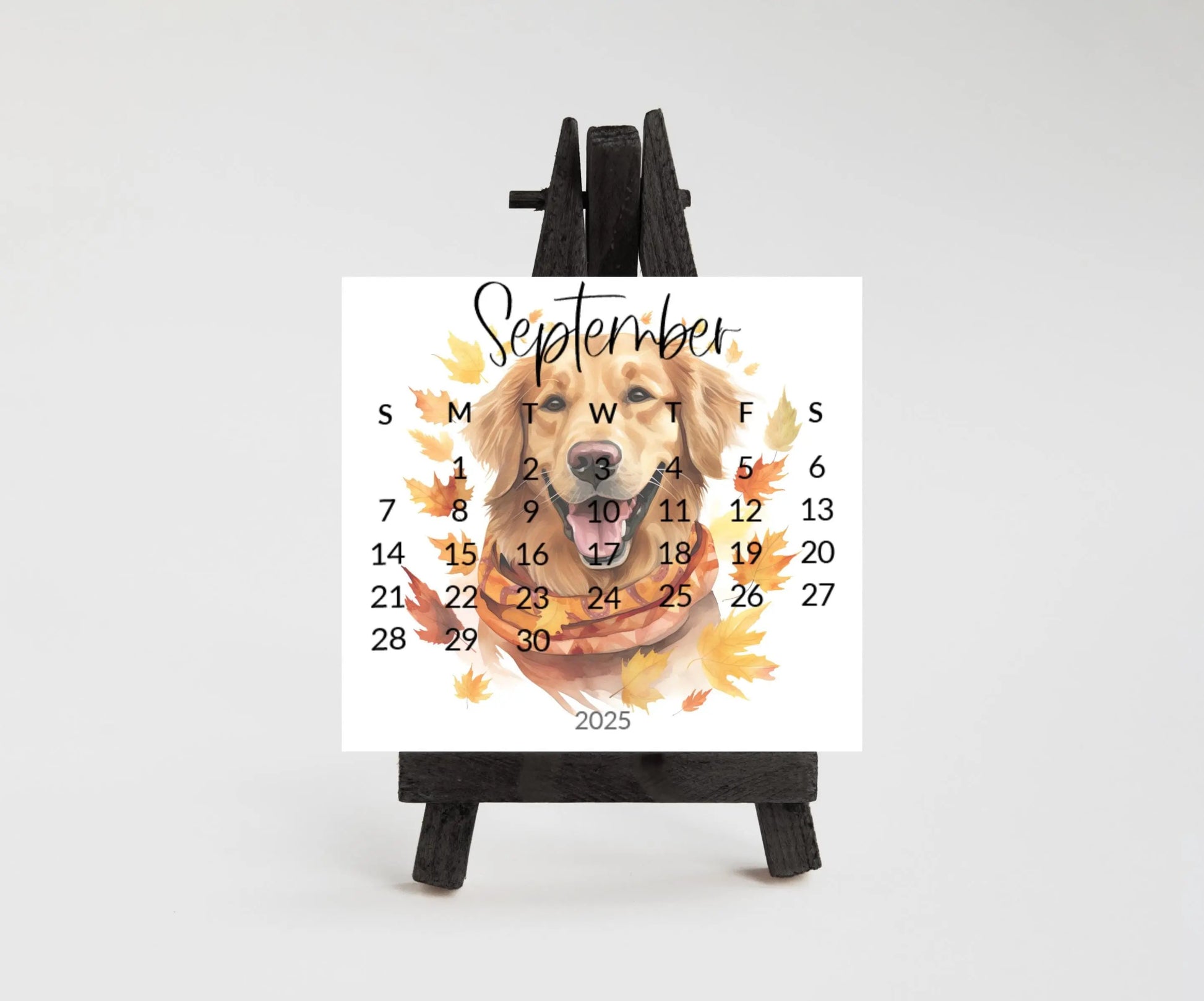 2026 Golden Retriever calendar for small desk - stand up mini calendar wood stand optional-desktop-Dog lover, coworker - The Pawprint Paperie