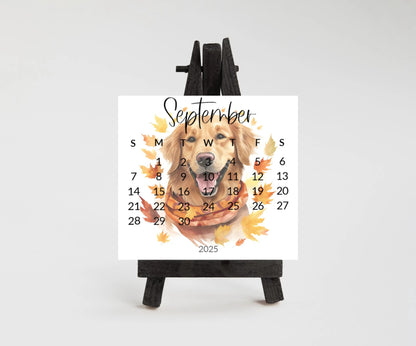 2026 Golden Retriever calendar for small desk - stand up mini calendar wood stand optional-desktop-Dog lover, coworker - The Pawprint Paperie