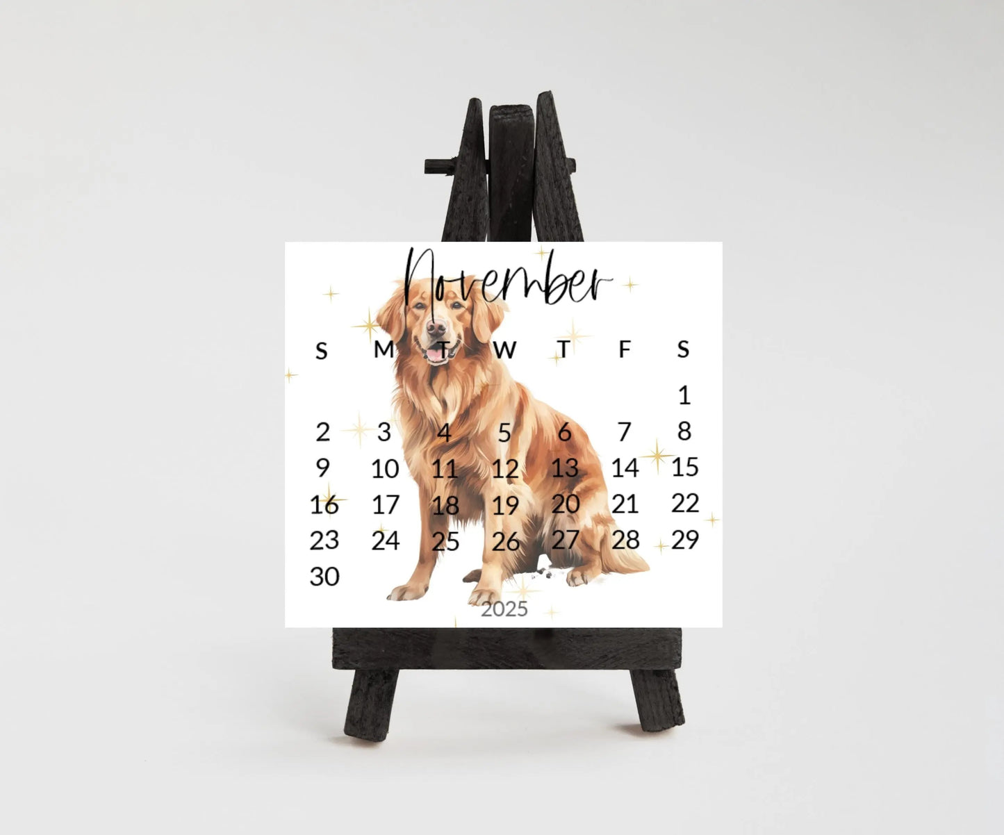 2026 Golden Retriever calendar for small desk - stand up mini calendar wood stand optional-desktop-Dog lover, coworker - The Pawprint Paperie