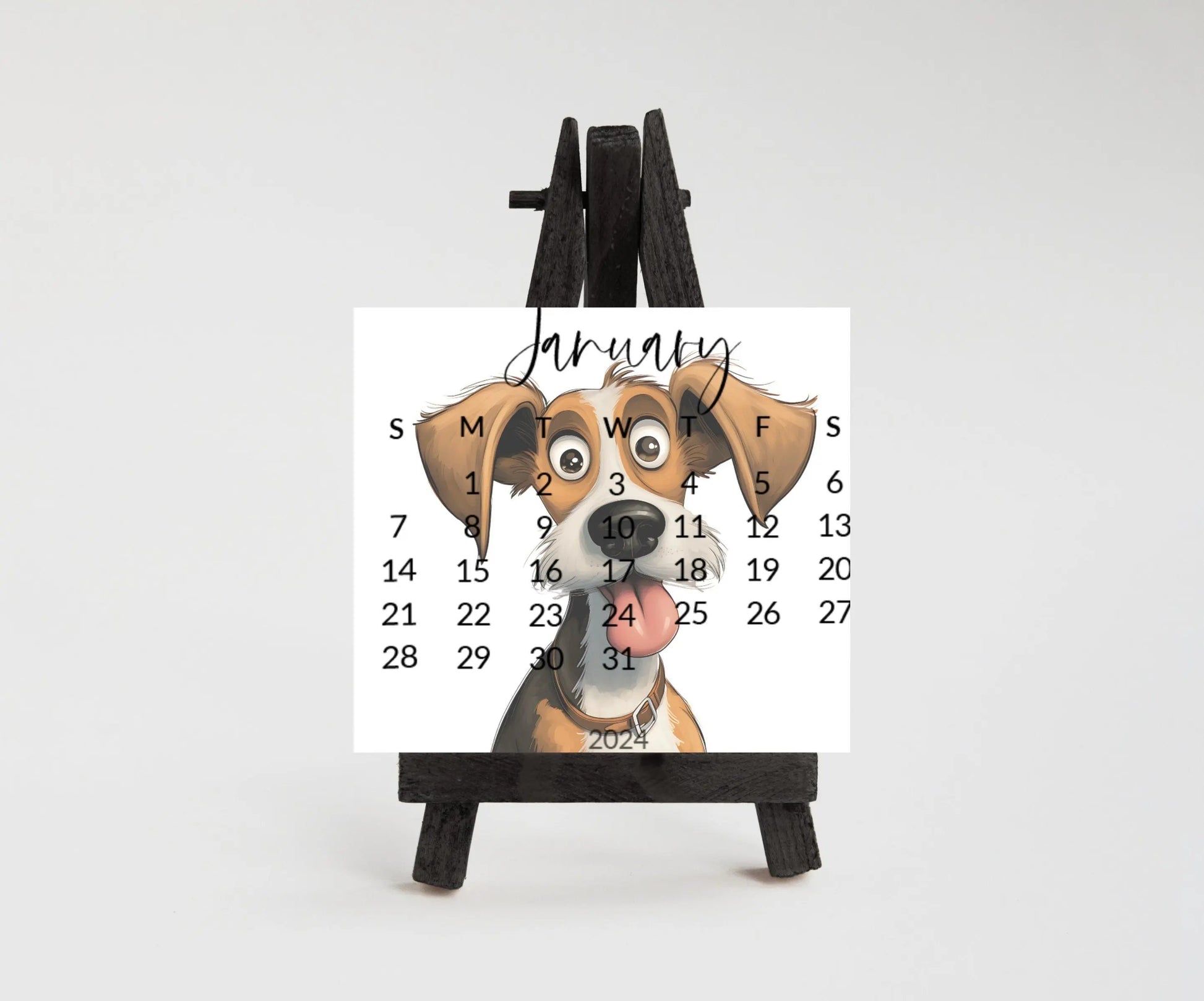 Goofy dogs 2026 stand up calendar for small desk - optional wooden stand - Mini dog calendar-dog lover christmas gift, coworker, friend, mom - The Pawprint Paperie