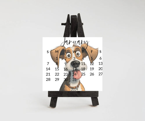 Goofy dogs 2026 stand up calendar for small desk - optional wooden stand - Mini dog calendar-dog lover christmas gift, coworker, friend, mom - The Pawprint Paperie