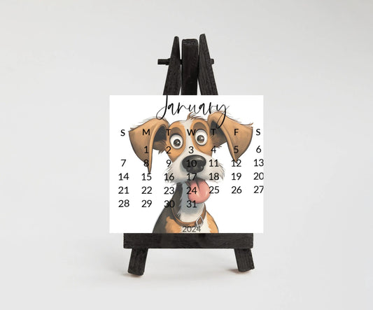 Goofy dogs 2026 stand up calendar for small desk - optional wooden stand - Mini dog calendar-dog lover christmas gift, coworker, friend, mom - The Pawprint Paperie