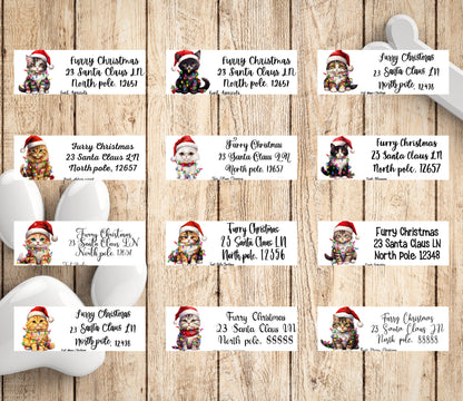Christmas Cat Address Labels – Holiday Return Address Stickers with Cats in Santa Hats & Lights – FREE Matching Envelope Seals - The Pawprint Paperie