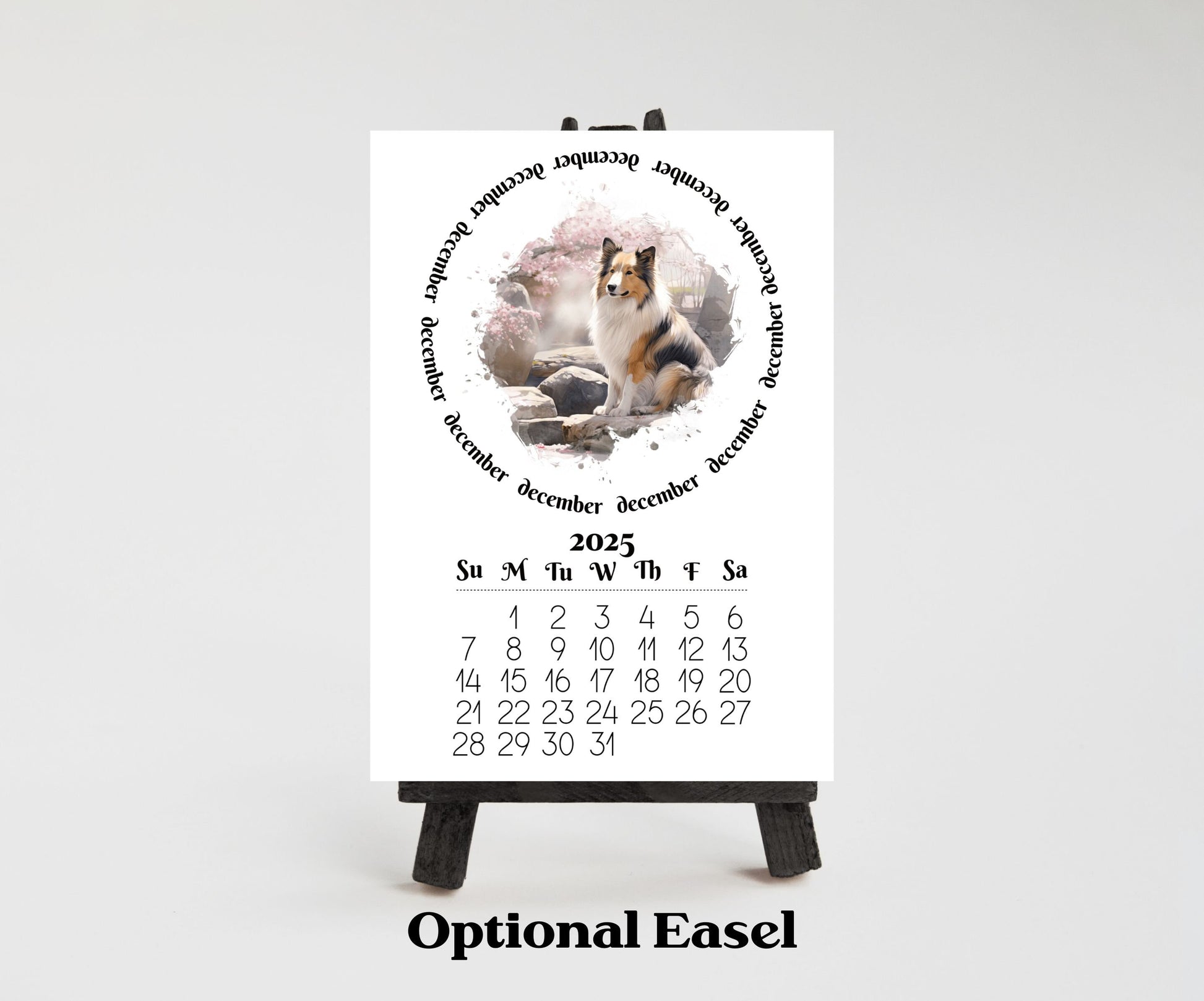 Small Desk Calendar for 2026 Sheltie - Desktop version optional wood mini easel display stand - Lamination available - Dog lovers Gift - The Pawprint Paperie