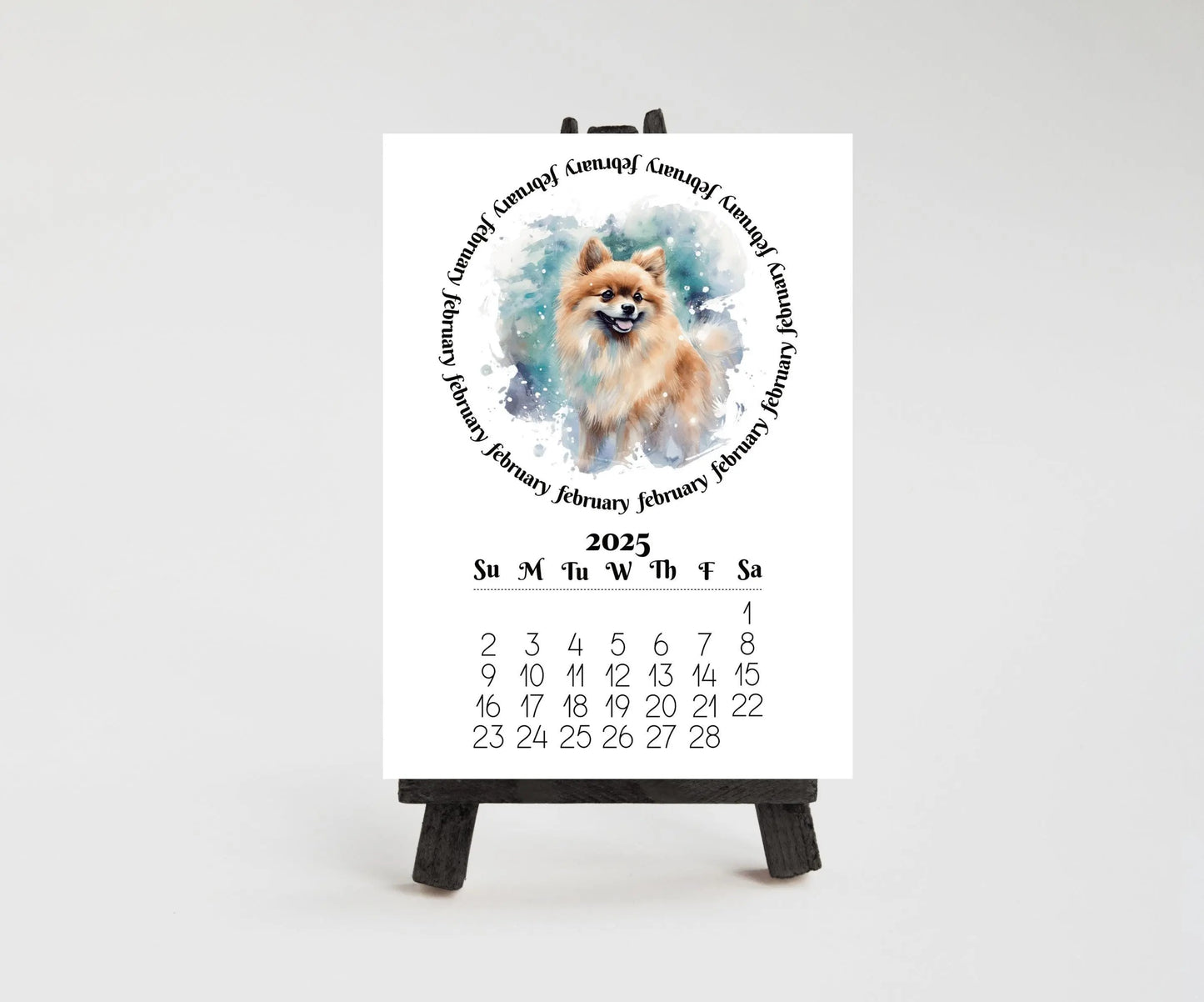 2026 Fawn Pomeranian Mini Calendar with Optional Wood display stand, Laminated, Mini Easel, Monthly, Small Desk space, Gift for dog mom/dad - The Pawprint Paperie