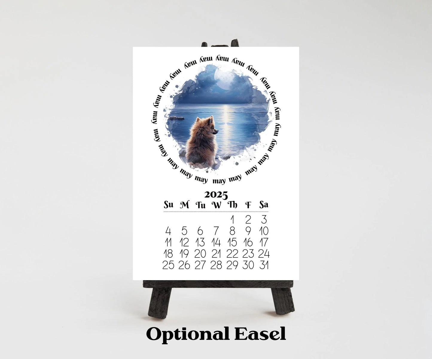 2026 Fawn Pomeranian Mini Calendar with Optional Wood display stand, Laminated, Mini Easel, Monthly, Small Desk space, Gift for dog mom/dad - The Pawprint Paperie