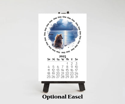 2026 Fawn Pomeranian Mini Calendar with Optional Wood display stand, Laminated, Mini Easel, Monthly, Small Desk space, Gift for dog mom/dad - The Pawprint Paperie