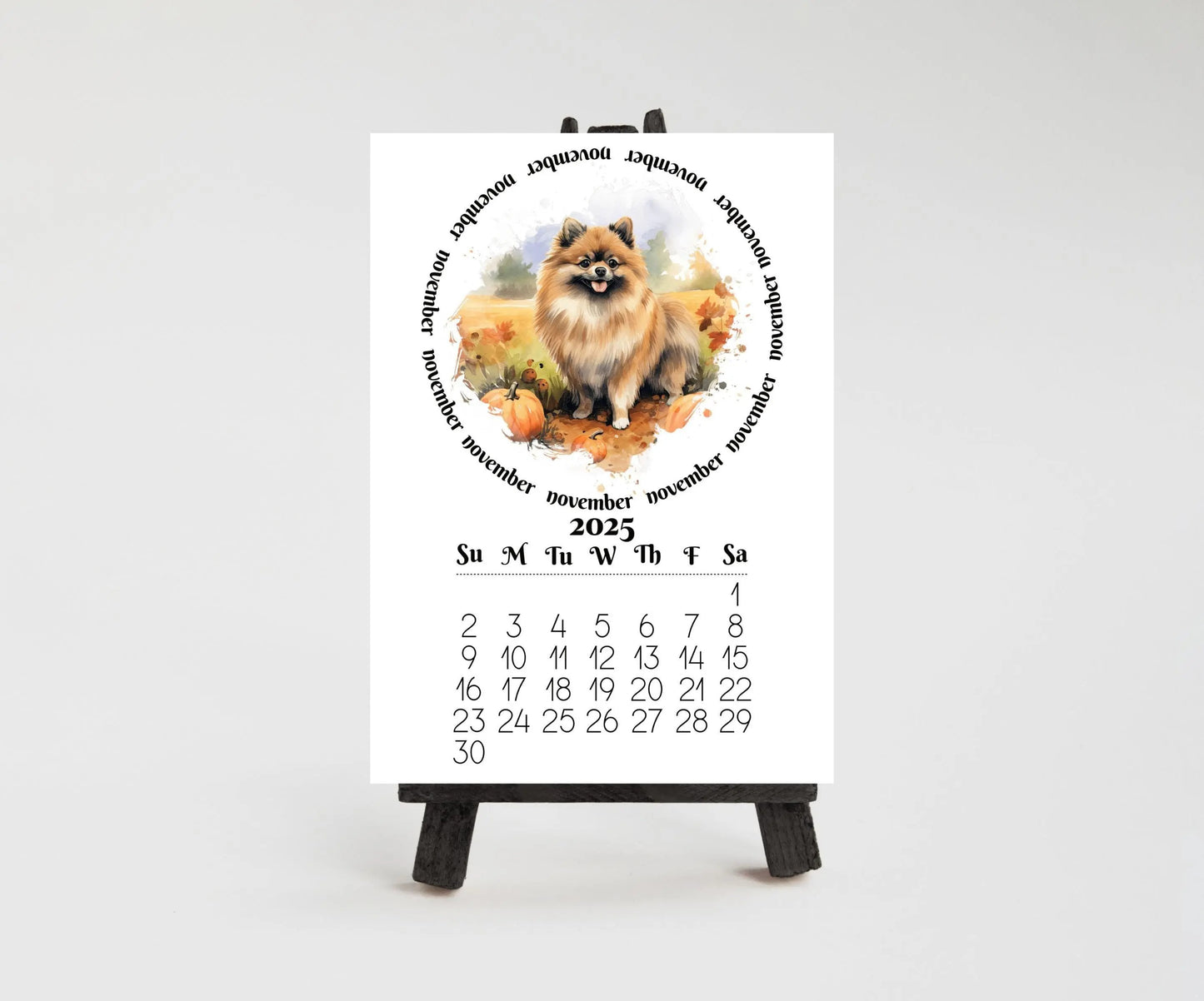 2026 Fawn Pomeranian Mini Calendar with Optional Wood display stand, Laminated, Mini Easel, Monthly, Small Desk space, Gift for dog mom/dad - The Pawprint Paperie