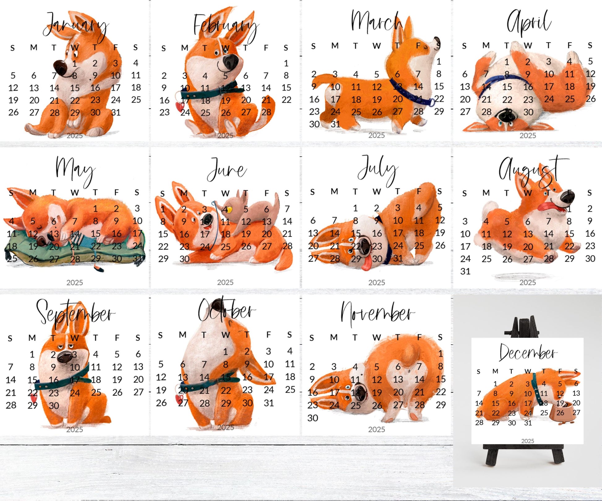 2026 Corgi Desk Calendar, Funny Dog Lover Gift, Mini Desk top Calendar with Wood Stand or Easel, Cute Small Office Calendar - The Pawprint Paperie