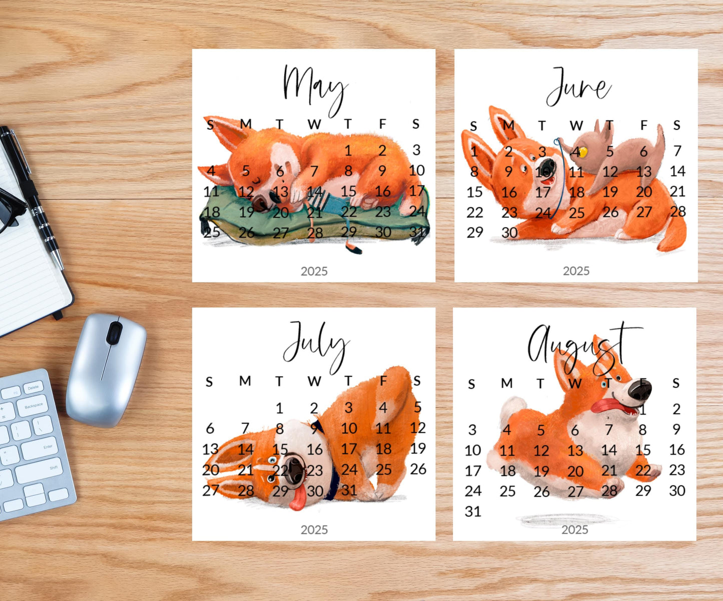 2026 Corgi Desk Calendar, Funny Dog Lover Gift, Mini Desk top Calendar with Wood Stand or Easel, Cute Small Office Calendar - The Pawprint Paperie