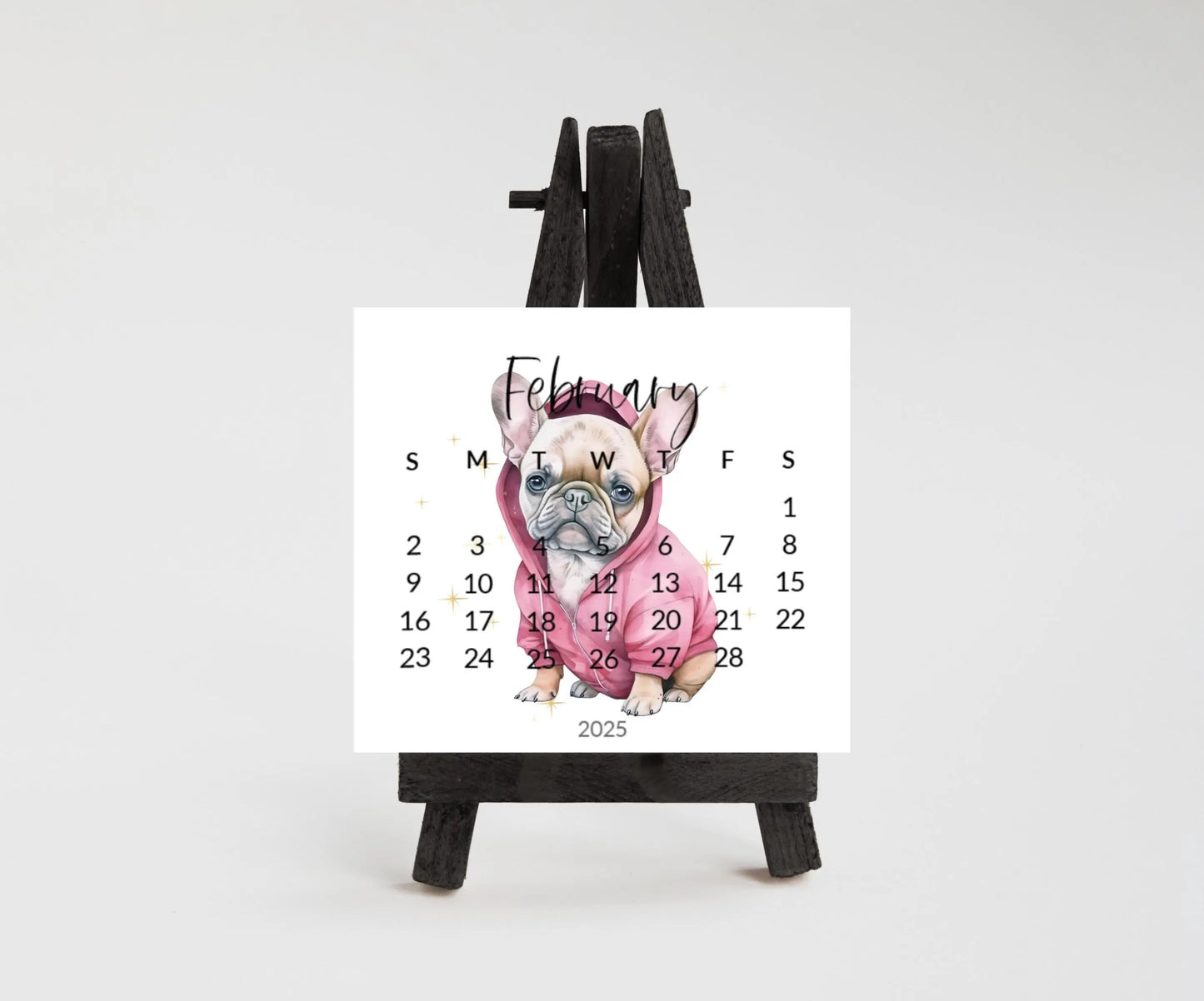 2026 French Bulldog Small Desk Space Monthly Calendar, Opt Wood Easel display Stand, Frenchie Mom Gift, Unique Dog Calendar, Monthly Card - The Pawprint Paperie