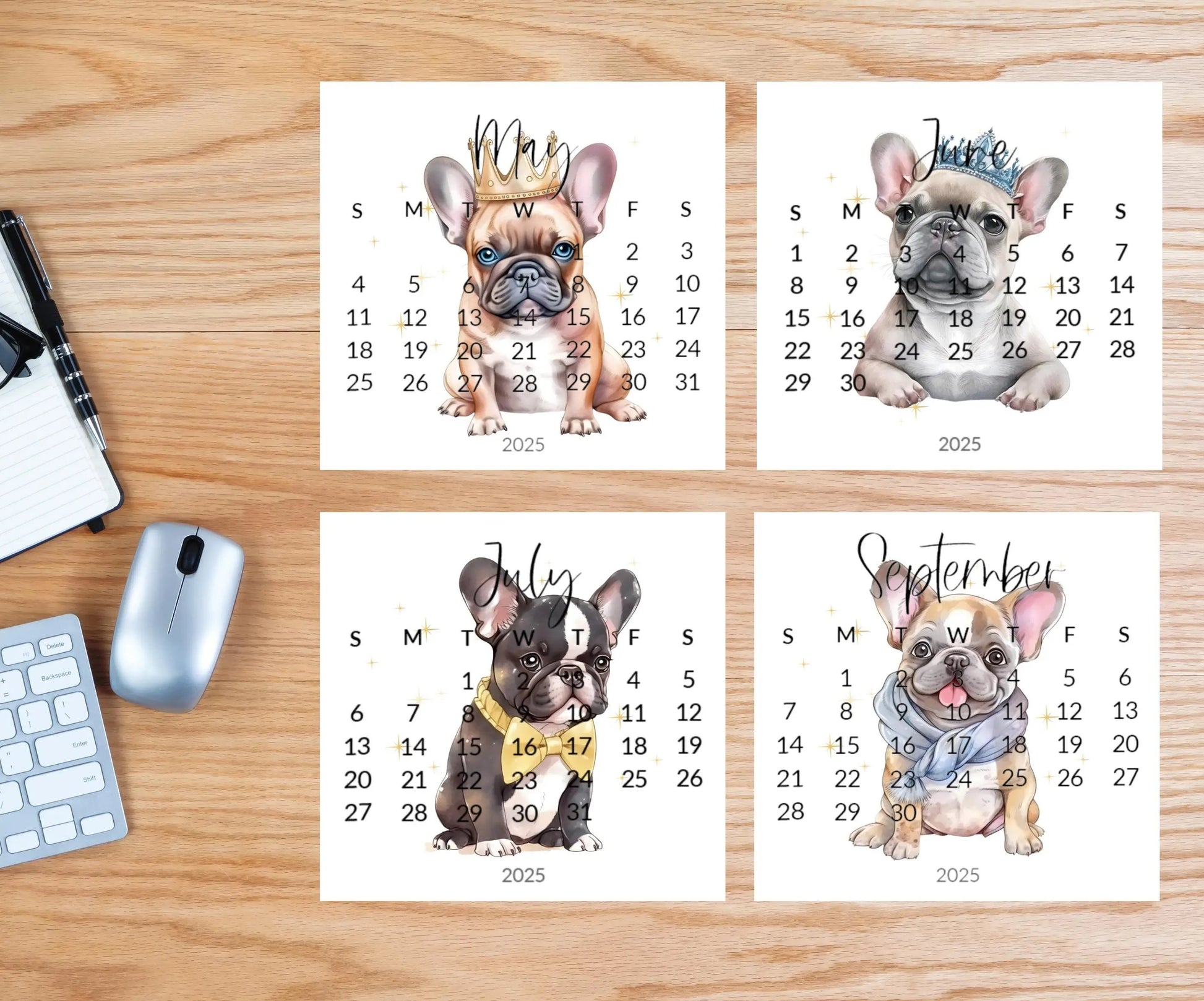 2026 French Bulldog Small Desk Space Monthly Calendar, Opt Wood Easel display Stand, Frenchie Mom Gift, Unique Dog Calendar, Monthly Card - The Pawprint Paperie