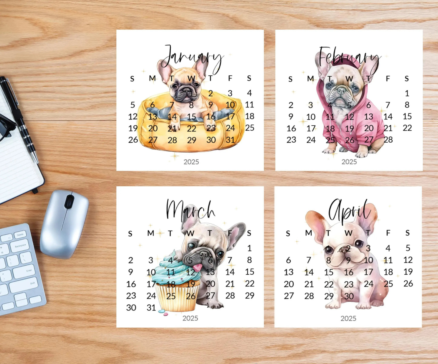 2026 French Bulldog Small Desk Space Monthly Calendar, Opt Wood Easel display Stand, Frenchie Mom Gift, Unique Dog Calendar, Monthly Card - The Pawprint Paperie