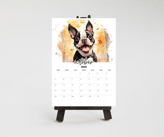2026 Boston Terrier Desktop Calendar for small office desk space, Optional wood display stand easel. Great gift for Boston Terrier lovers - The Pawprint Paperie