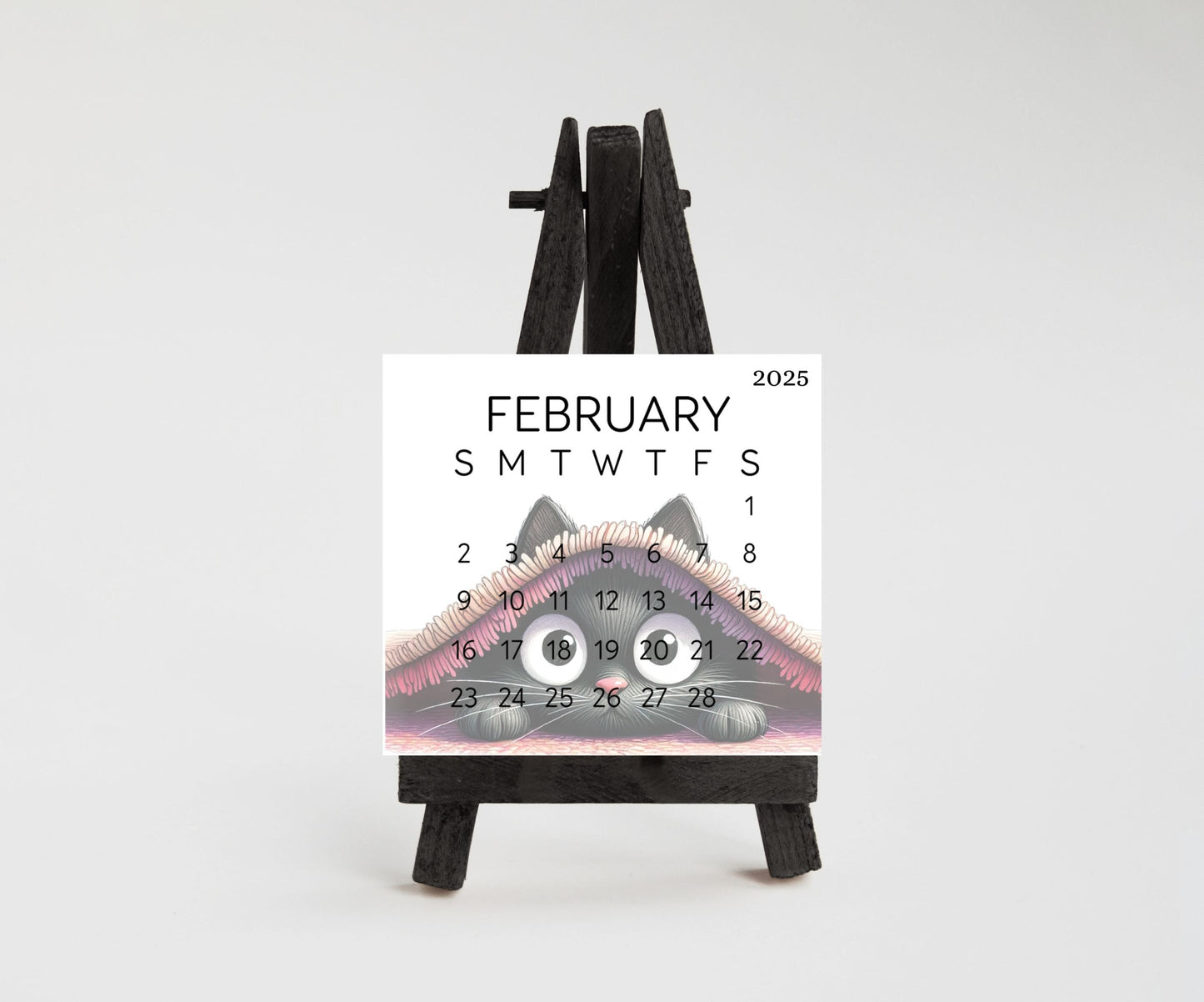 2026 Funny Black Cat Small Desk Calendar – Laminated 3.25&quot; x 3&quot; with Optional Wood Stand, Unique Cat Lover Gift, Cute Office Decor - The Pawprint Paperie
