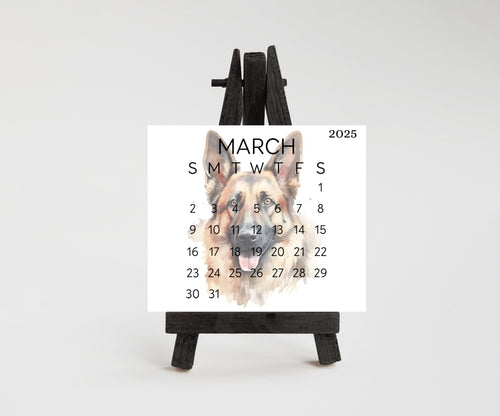 2026 Small Desk German Shephard Calendar, Optional wood display stand, police dog calendar, small office decor, gift for the Shepherd lover - The Pawprint Paperie