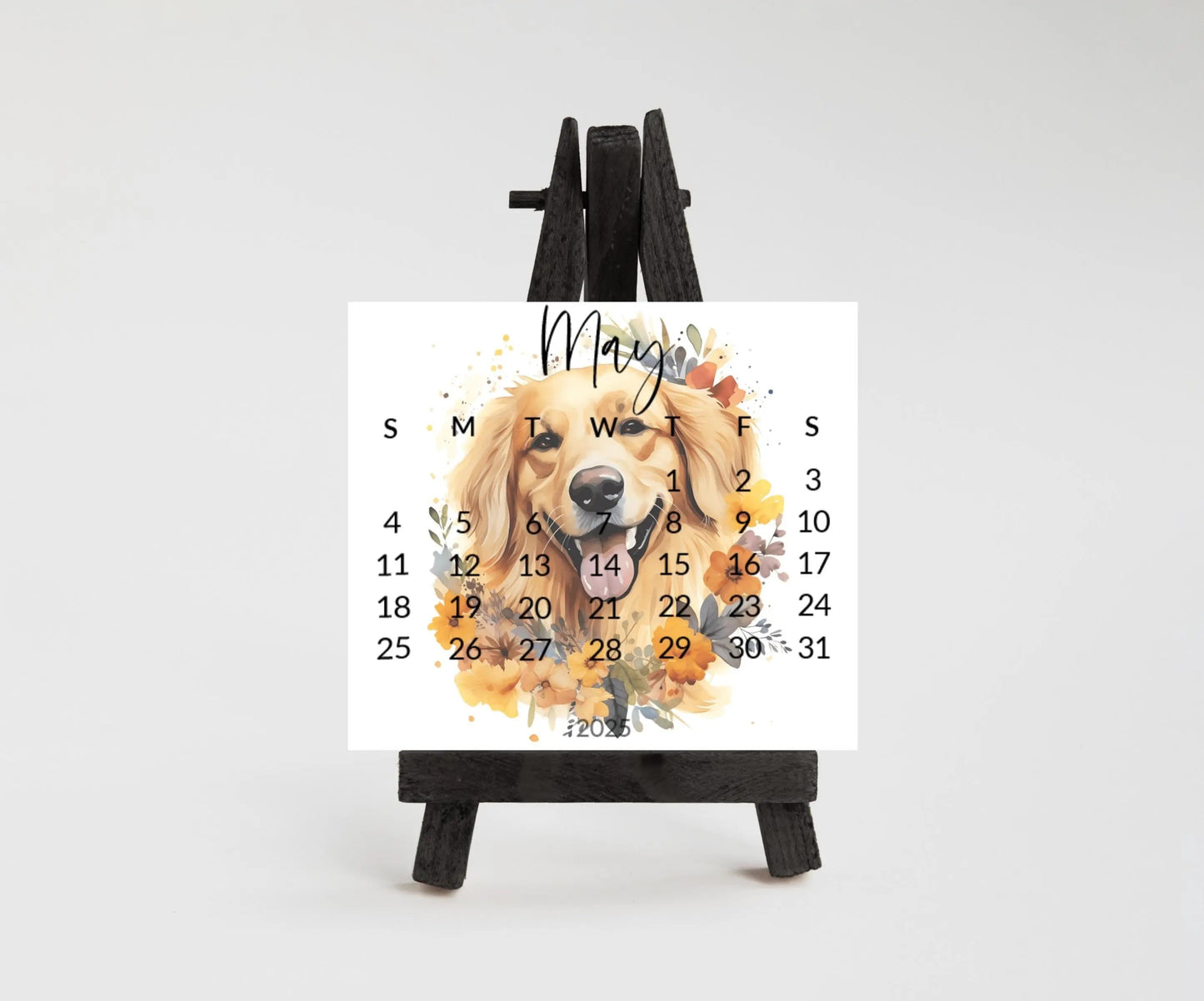 2026 Golden Retriever calendar for small desk - stand up mini calendar wood stand optional-desktop-Dog lover, coworker - The Pawprint Paperie