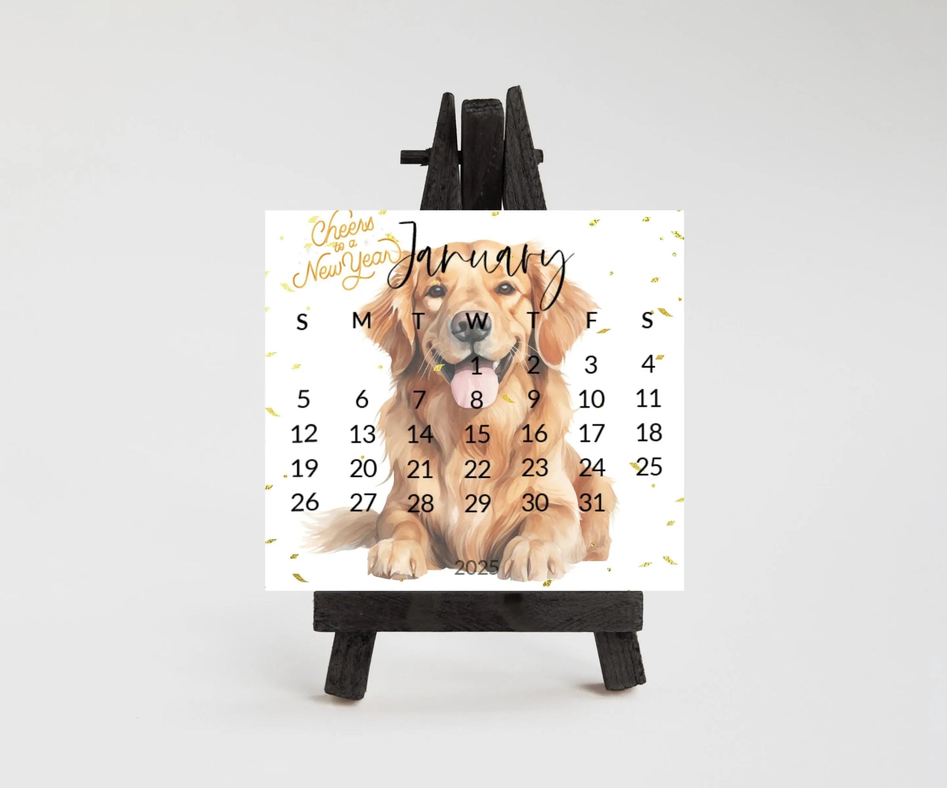 2026 Golden Retriever calendar for small desk - stand up mini calendar wood stand optional-desktop-Dog lover, coworker - The Pawprint Paperie