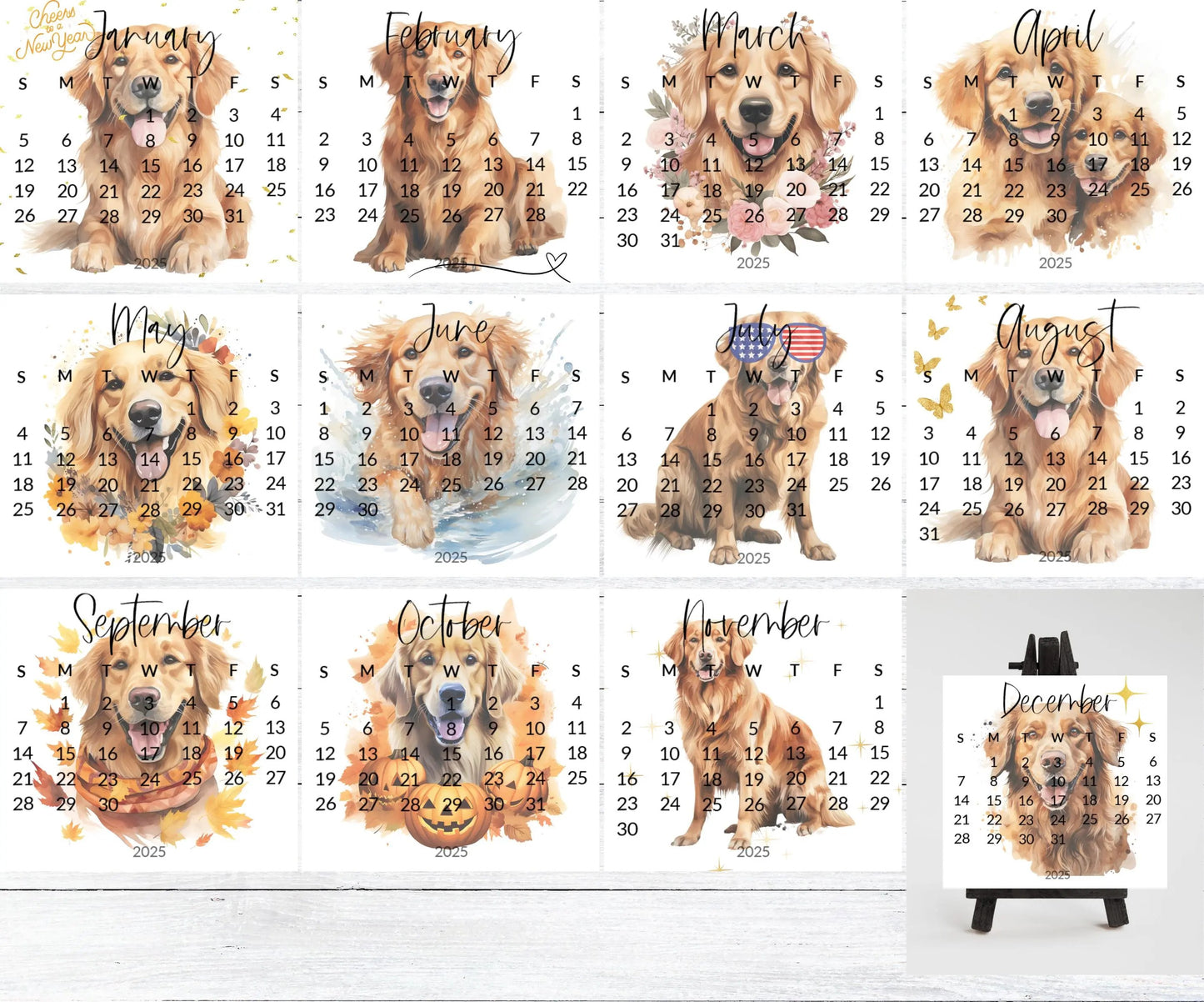 2026 Golden Retriever calendar for small desk - stand up mini calendar wood stand optional-desktop-Dog lover, coworker - The Pawprint Paperie