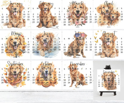 2026 Golden Retriever calendar for small desk - stand up mini calendar wood stand optional-desktop-Dog lover, coworker - The Pawprint Paperie