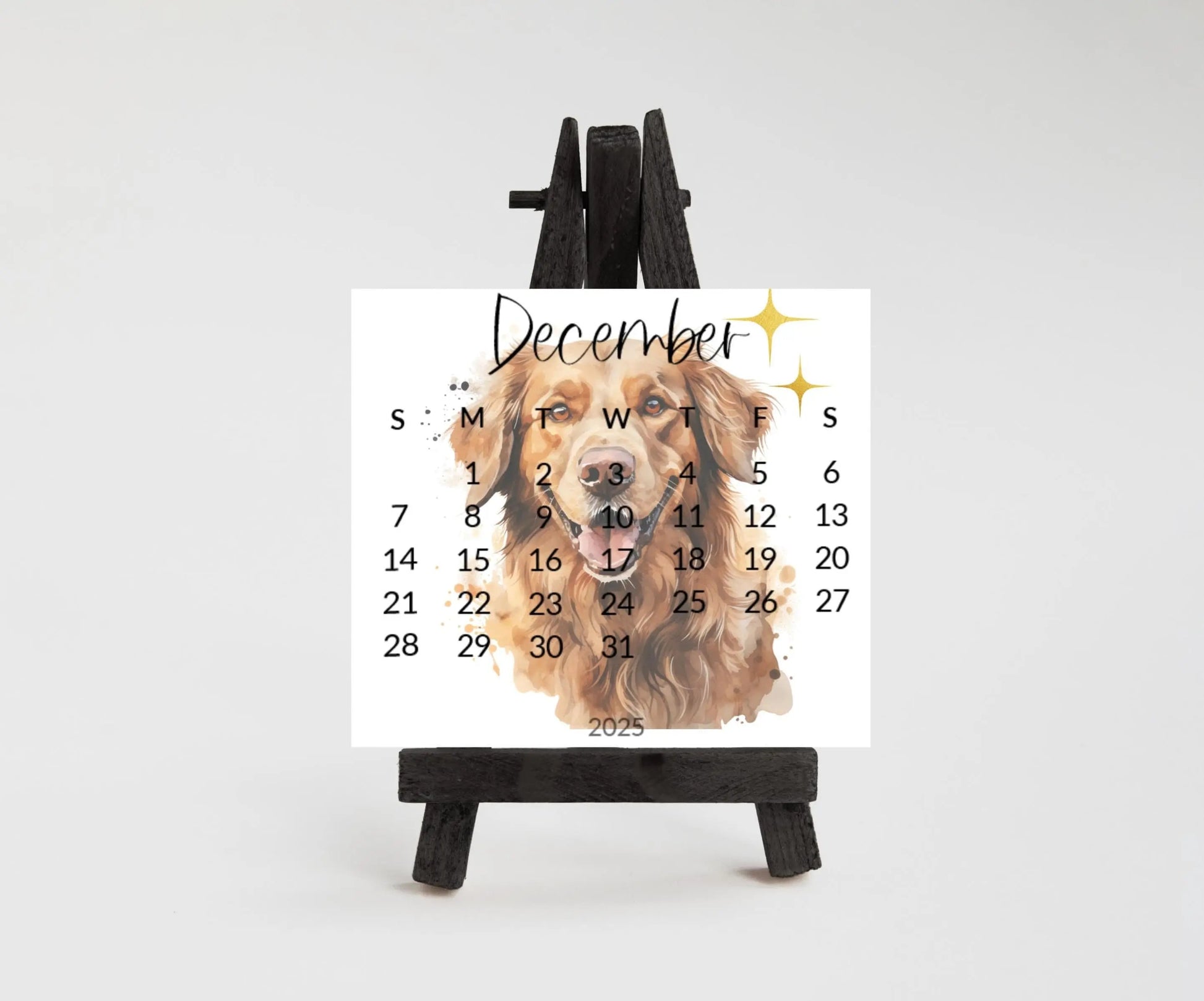 2026 Golden Retriever calendar for small desk - stand up mini calendar wood stand optional-desktop-Dog lover, coworker - The Pawprint Paperie