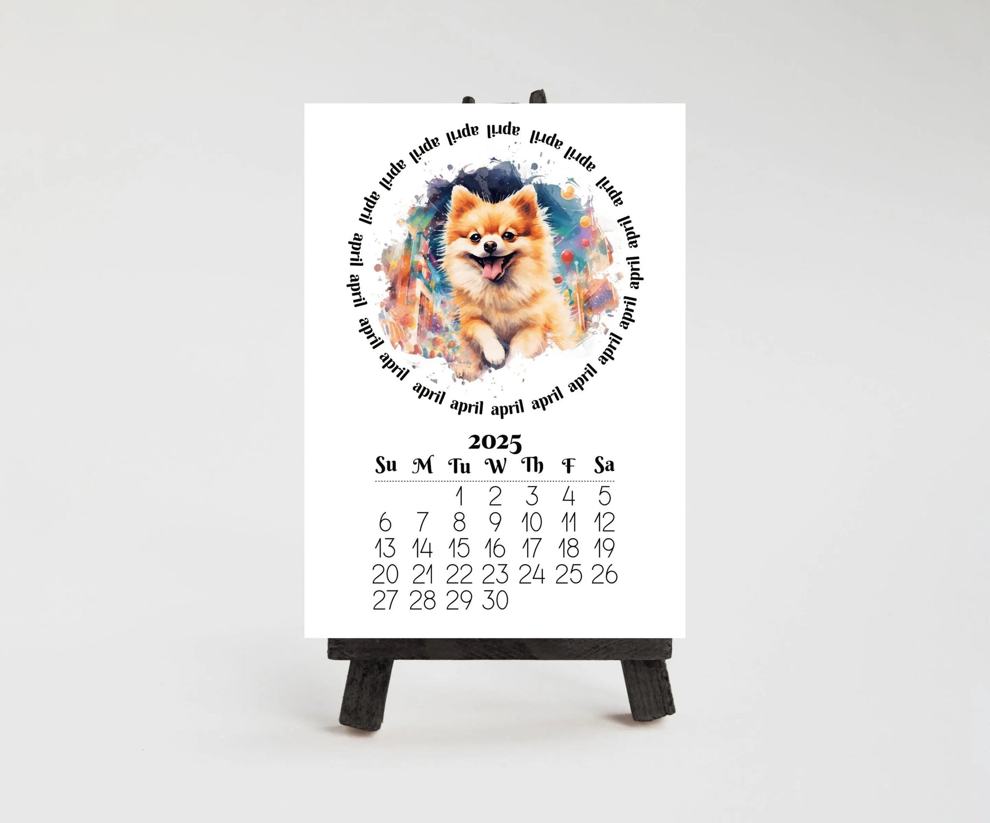 2026 Fawn Pomeranian Mini Calendar with Optional Wood display stand, Laminated, Mini Easel, Monthly, Small Desk space, Gift for dog mom/dad - The Pawprint Paperie