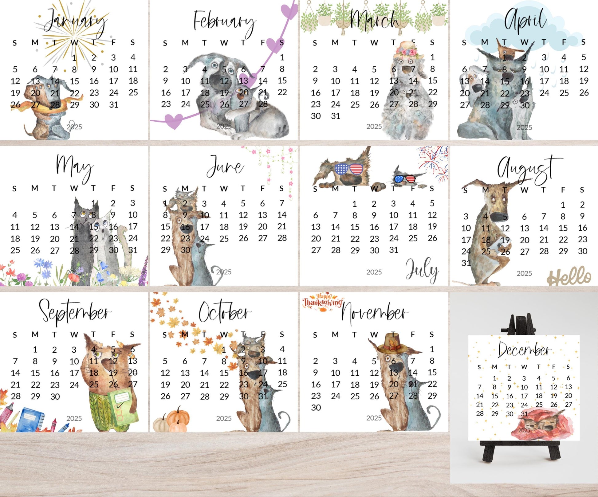 Silly dog small desk 2026 Calendar - Stand up mini calendar desktop or tabletop - small space calendar optional wood display stand/easel - The Pawprint Paperie