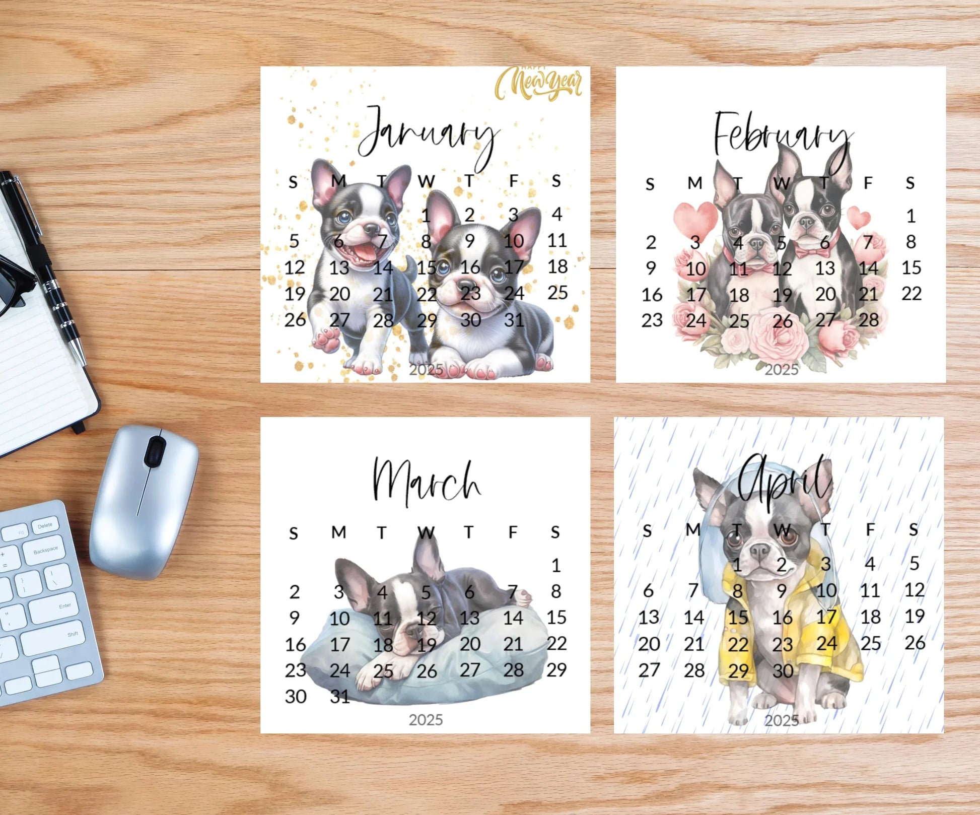 2025 Boston Terrier Mini Desk Calendar: Laminated Dog Mom Gift - The Pawprint Paperie