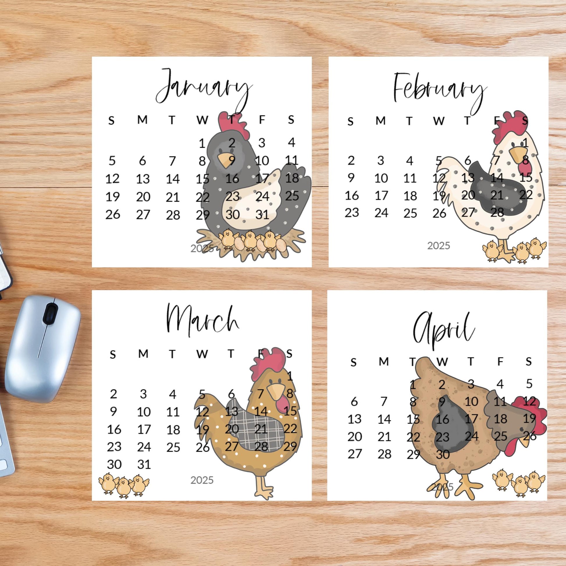 2026 Country Chicken mini calendar- Adorable hens and chicks- Home office decor - small desk calendar - crazy chicken lady gift - Farmcore - The Pawprint Paperie