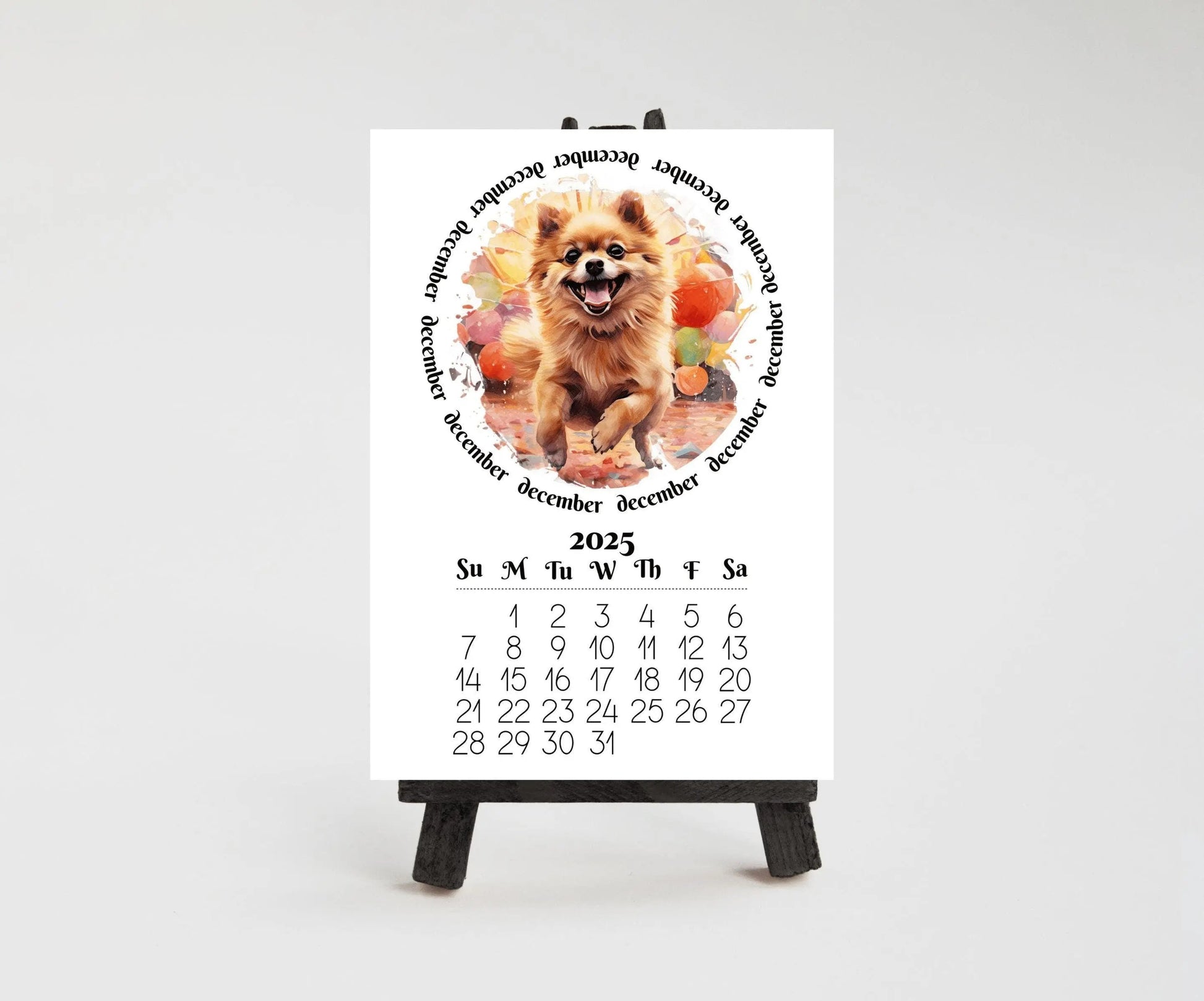 2026 Fawn Pomeranian Mini Calendar with Optional Wood display stand, Laminated, Mini Easel, Monthly, Small Desk space, Gift for dog mom/dad - The Pawprint Paperie
