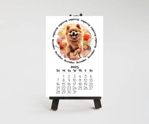 2026 Fawn Pomeranian Mini Calendar with Optional Wood display stand, Laminated, Mini Easel, Monthly, Small Desk space, Gift for dog mom/dad - The Pawprint Paperie