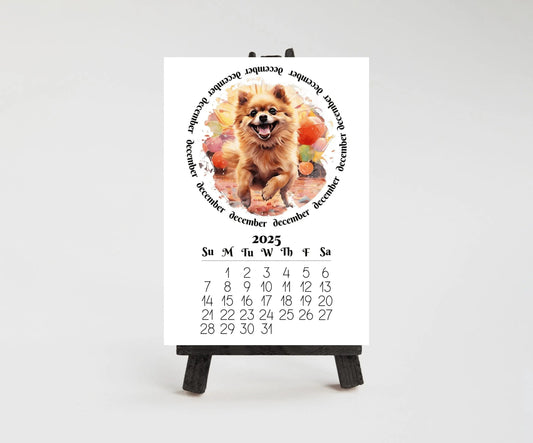2026 Fawn Pomeranian Mini Calendar with Optional Wood display stand, Laminated, Mini Easel, Monthly, Small Desk space, Gift for dog mom/dad - The Pawprint Paperie