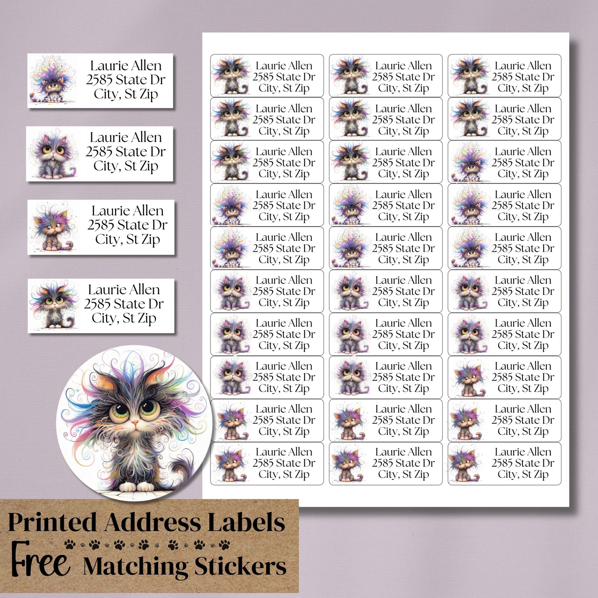 Funny Rainbow Cat Return Address Labels with FREE Envelope Seals - The Pawprint Paperie