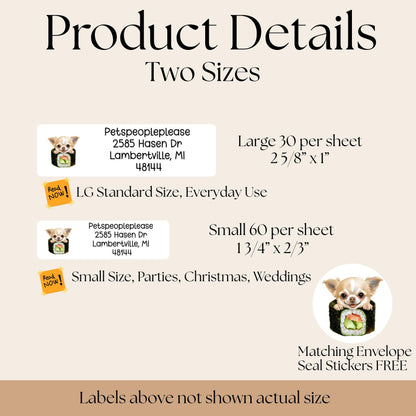 Chihuahua Return Address Label & Envelope Seal Sticker Set, Funny Personalized Chihuahua mom gift, Sushi Lover Dog Labels, FREE Stickers - The Pawprint Paperie