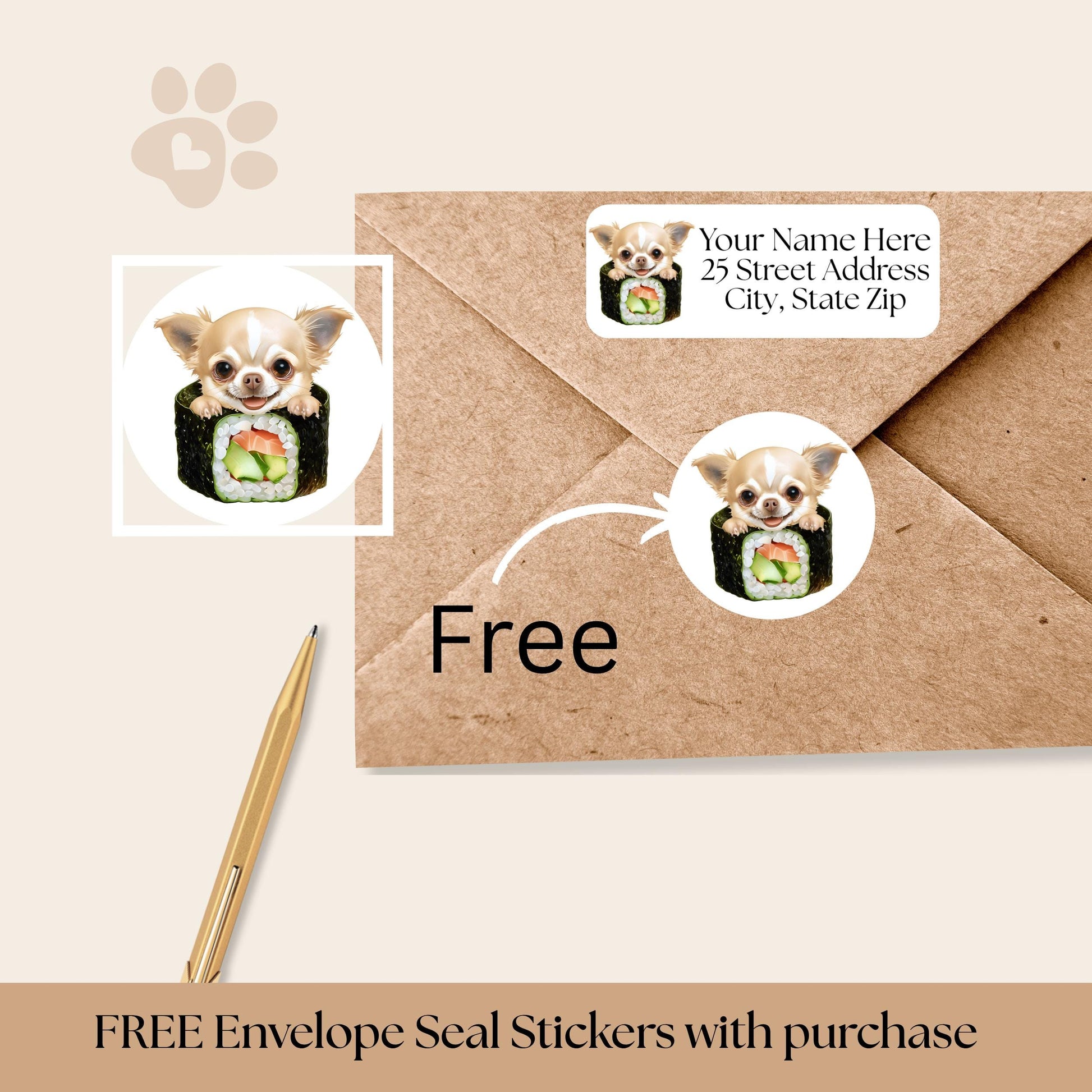 Chihuahua Return Address Label & Envelope Seal Sticker Set, Funny Personalized Chihuahua mom gift, Sushi Lover Dog Labels, FREE Stickers - The Pawprint Paperie