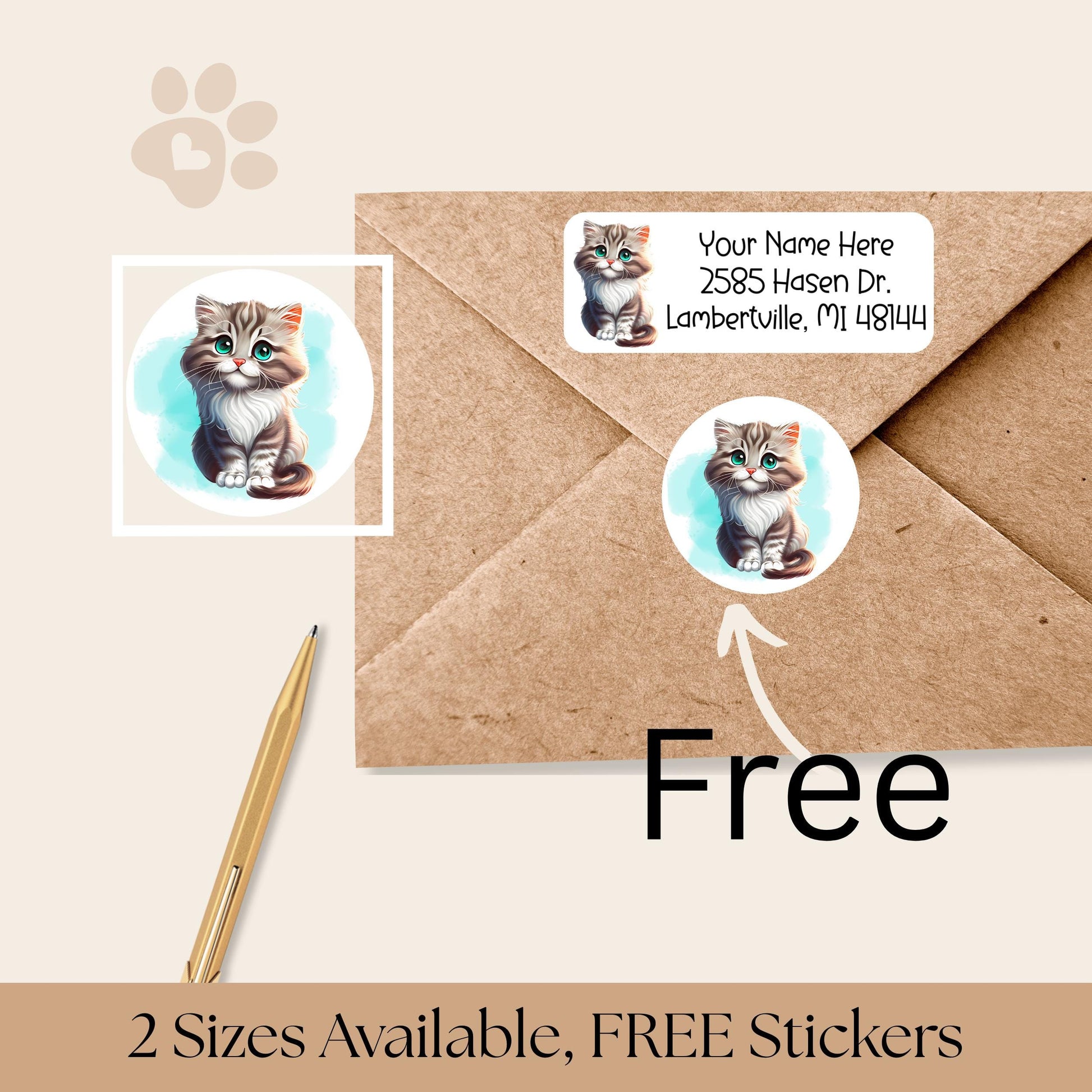 Pretty Cats Return Address Labels, FREE Matching Envelope Seal Stickers, Personalized Cat mom Gift, 6 designs, Black, Siamese, Orange, Tabby - The Pawprint Paperie
