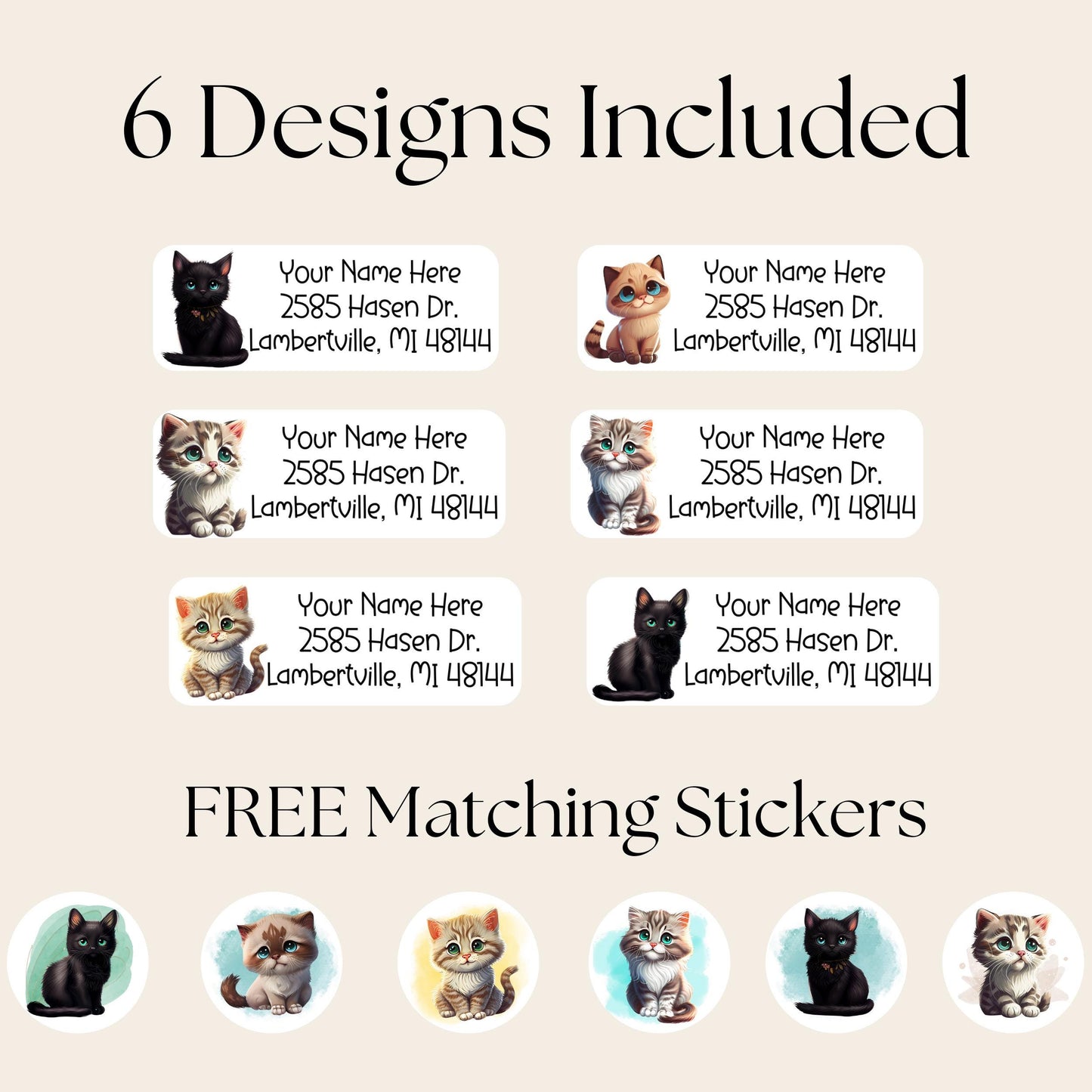 Pretty Cats Return Address Labels, FREE Matching Envelope Seal Stickers, Personalized Cat mom Gift, 6 designs, Black, Siamese, Orange, Tabby - The Pawprint Paperie